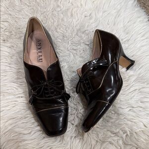 Anyi Lu Shoe Dark Brown Leather Kitten Heel Bow Detail Y2K Retro Vibe Size 38